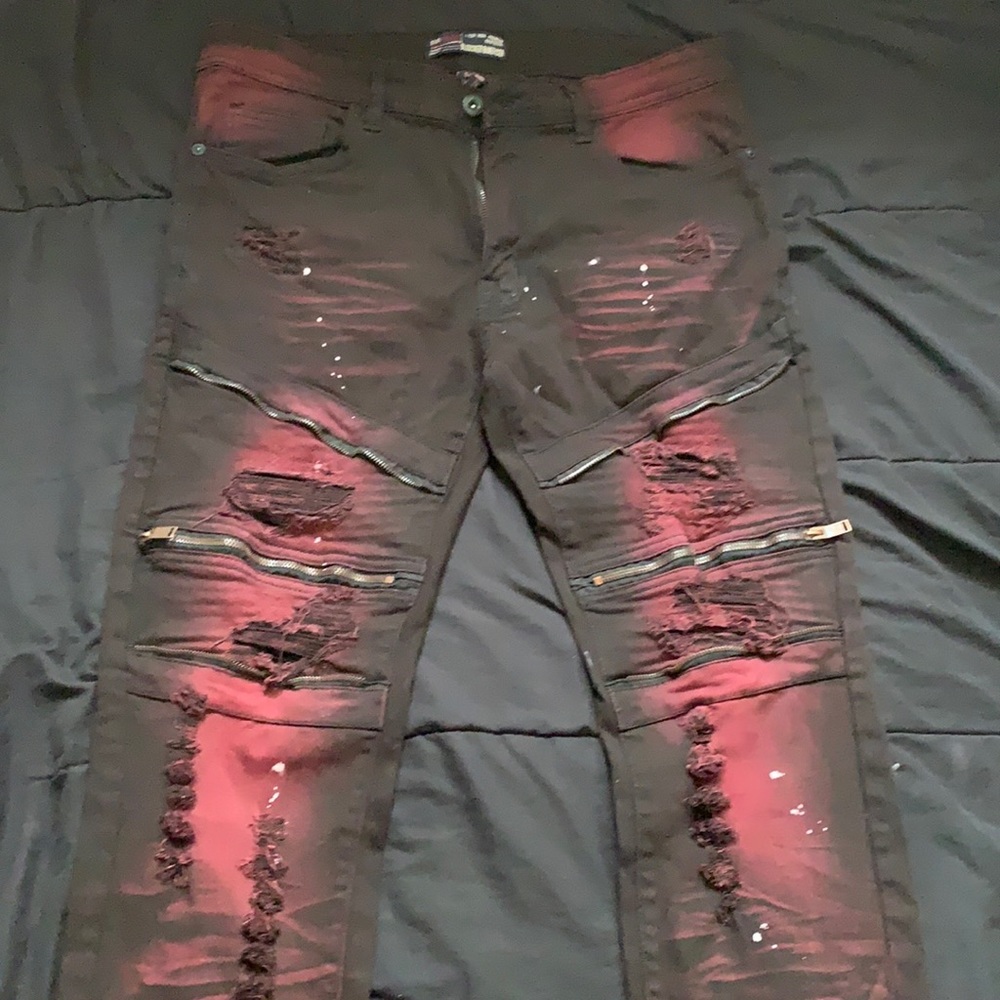 Mens burgundy distressed biker jeans- 34L x 32W